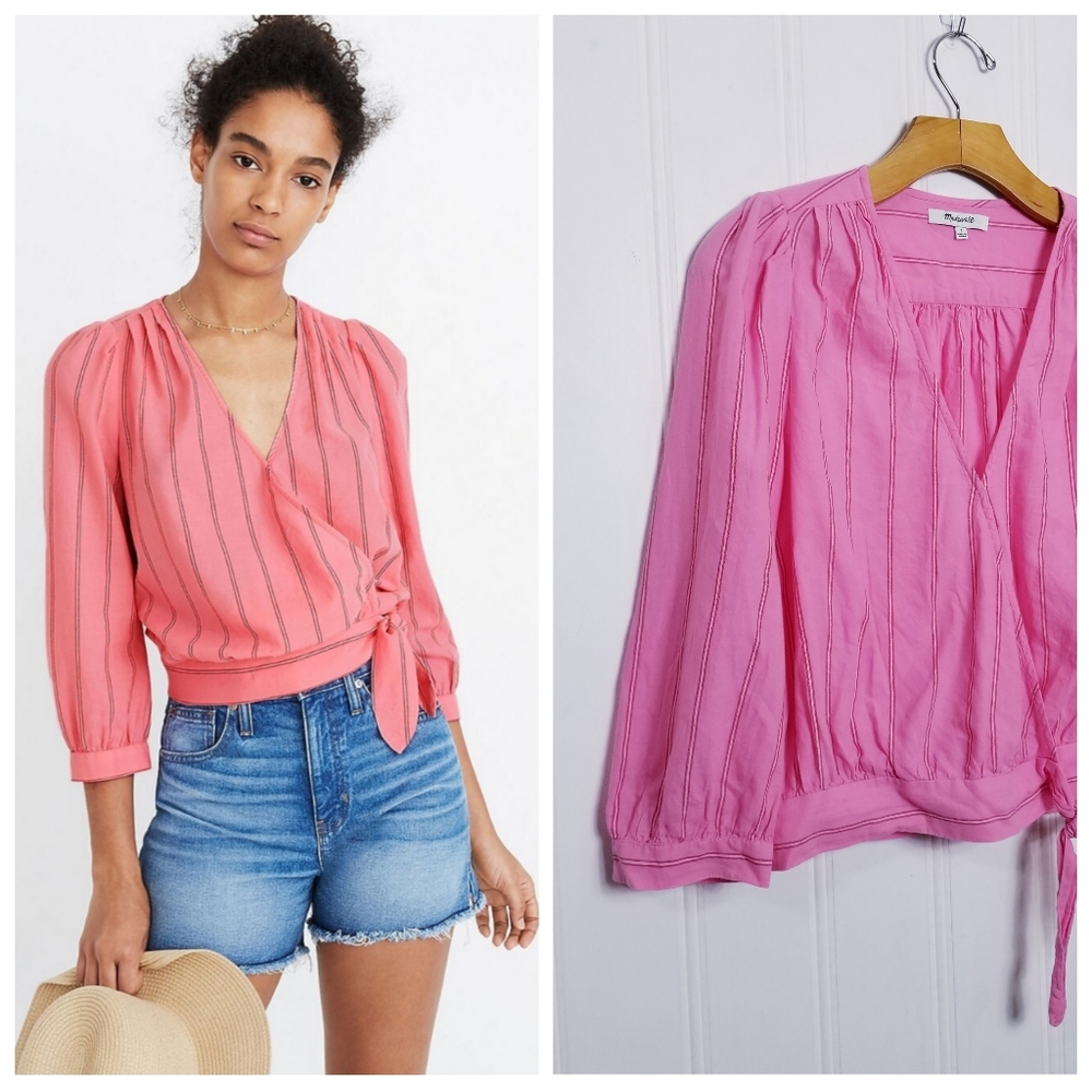 Madewell Cecilia Wrap Top Pink Stripe Tie Waist Surplice Boho Romantic S